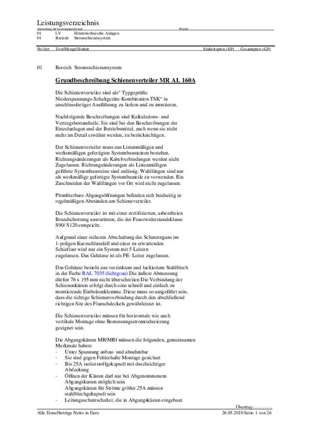 Grundbeschreibung Schienenverteiler MR AL 160A