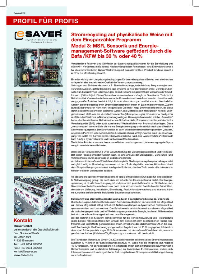 Stromrecycling auf physikalische Weise mit dem Einsparzähler Programm Modul 3: MSR, Sensorik und Energiemanagement- Software gefördert durch die Bafa /KFW bis 30 % oder 40 %