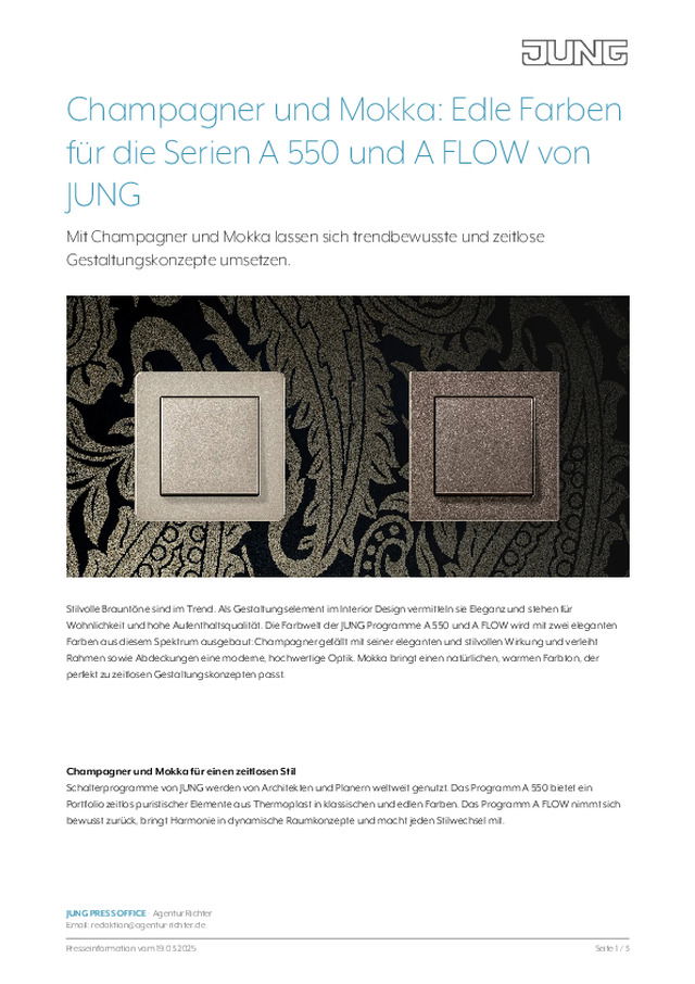 Champagner und Mokka: Edle Farben für die Serien A 550 und A FLOW von JUNG