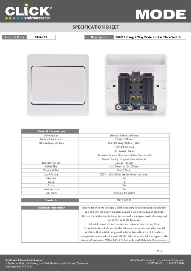Scolmore - Product Sheet - 2015 -  10AX 1 Gang 2 Way Wide Rocker Plate Switch