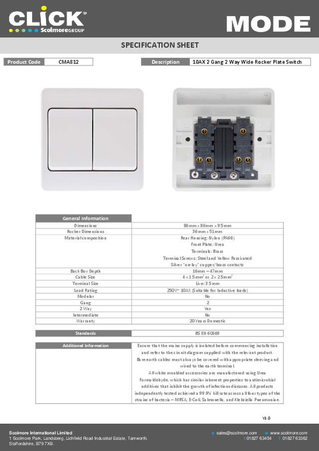 Scolmore - Product Sheet - 2015 -  10AX 2 Gang 2 Way Wide Rocker Plate Switch