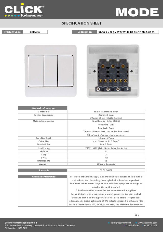 Scolmore - Product Sheet - 2015 - 10AX 3 Gang 2 Way Wide Rocker Plate Switch