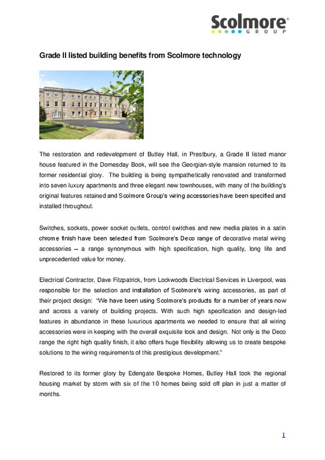 Scolmore - Case Study - Grade II listed building benefits from Scolmore technology - 2015