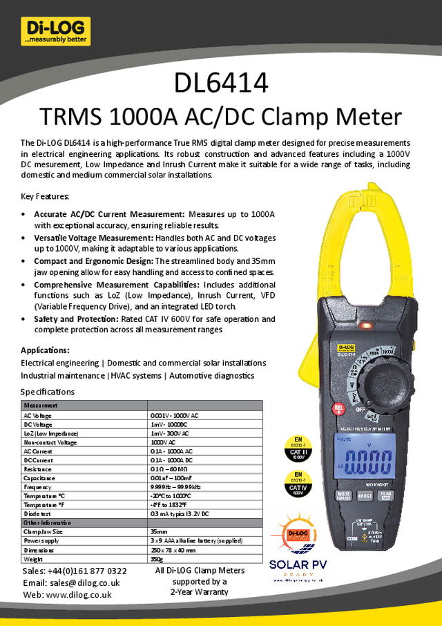 DL6414 TRMS 1000A AC/DC Clamp Meter