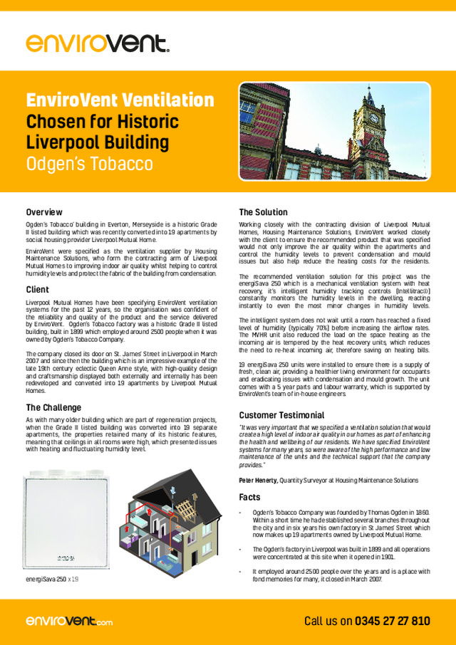 EnviroVent Ventilation Chosen for Historic Liverpool Building Odgen’s Tobacco