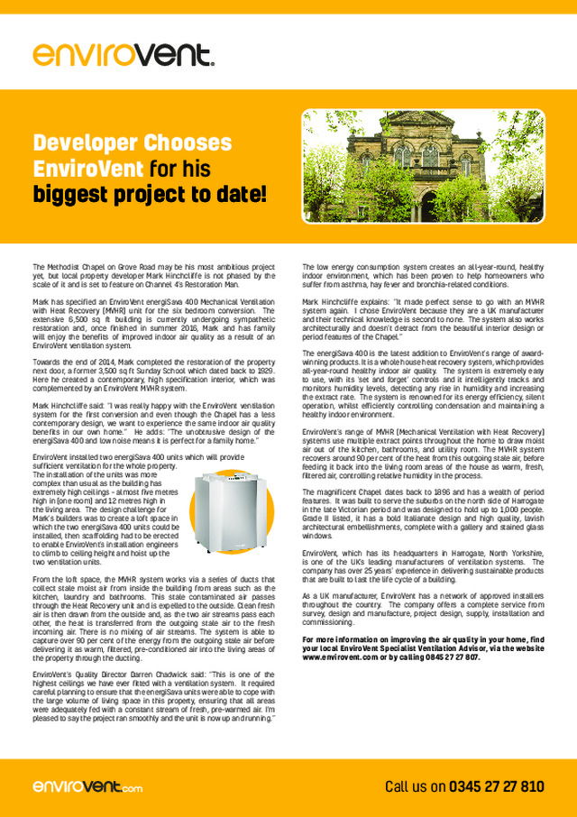 Developer Chooses EnviroVent for his biggest project to date!