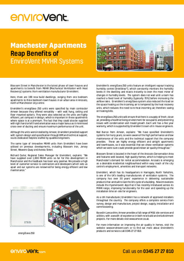 Manchester Apartments Reap Benefits of EnviroVent MVHR Systems