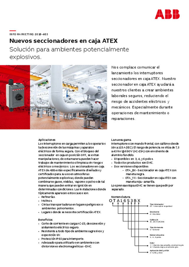 Nuevos seccionadores en caja ATEX  ABB