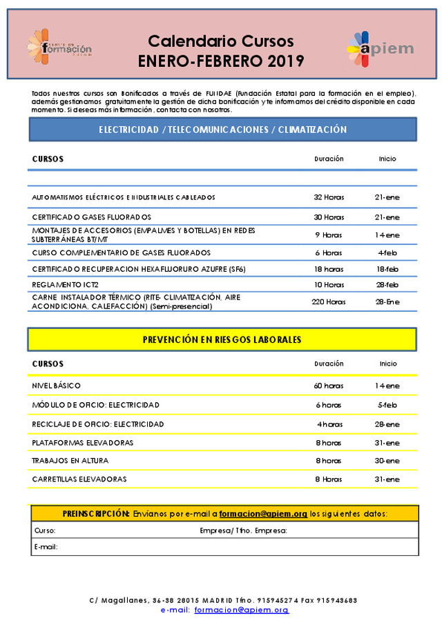 Calendario Cursos ENERO-FEBRERO 2019 APIEM