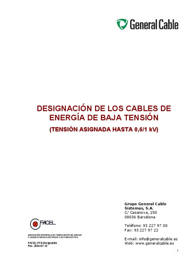 Designación de los cables de energía de baja tensión