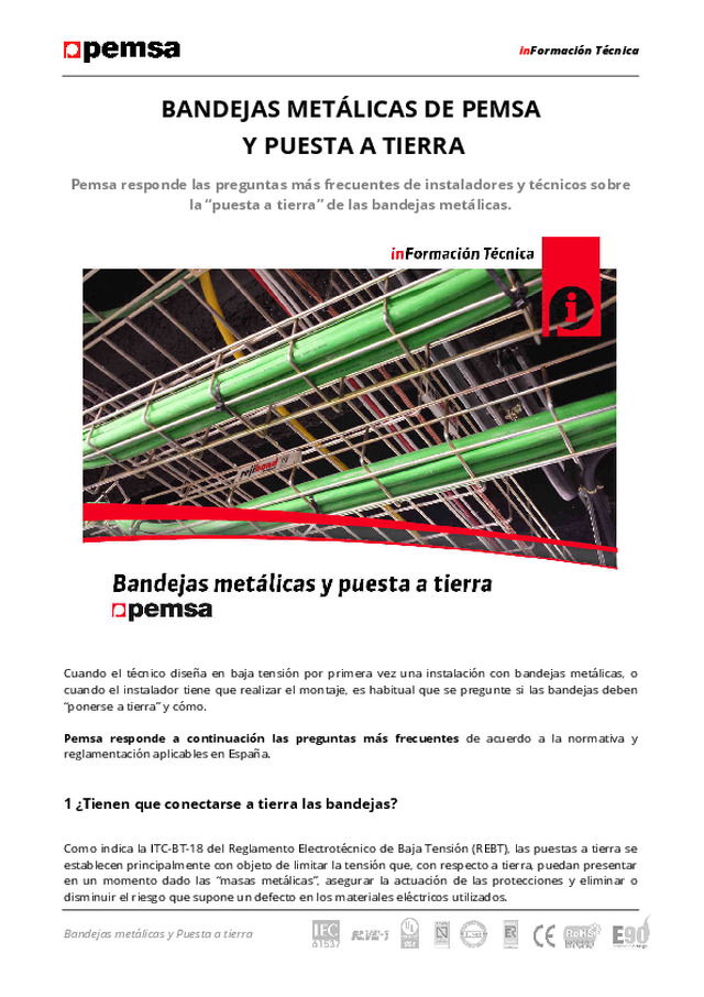 Bandejas metálicas de Pemsa y Puesta a tierra