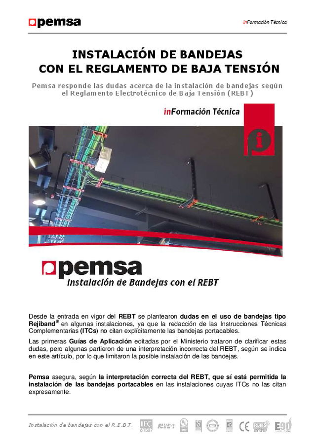 Instalación de bandejas según el reglamento de Baja Tensión