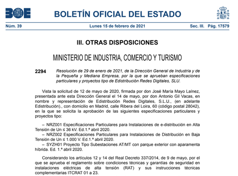 Se aprueban especificaciones particulares y proyectos tipo de Edistribución Redes Digitales, SLU.