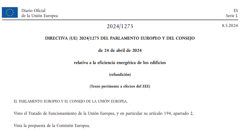 Se publica la nueva Directiva UE 2024/1275 relativa a la eficiencia energética de los edificios