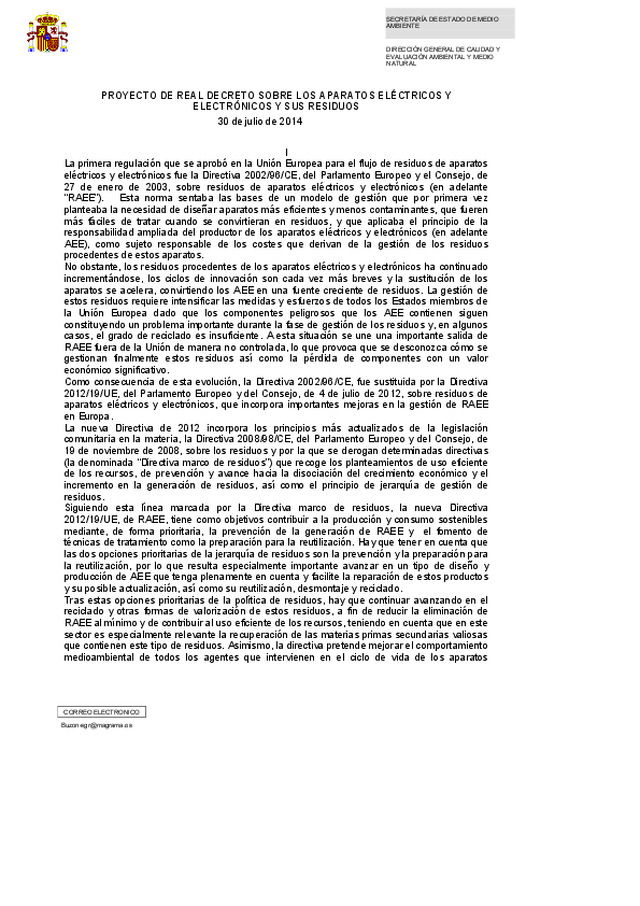 Proyecto de real decreto sobre los aparatos eléctricos y electrónicos y sus residuos. RAEE