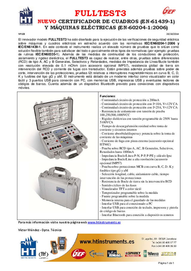 FULLTEST3 Nuevo certificador de cuadros (EN-61439-1) y máquinas eléctricas (EN-60204-1:2006)