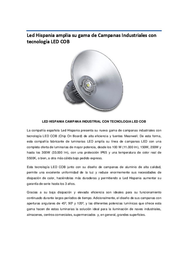Led Hispania amplia su gama de Campanas Industriales con tecnología LED COB