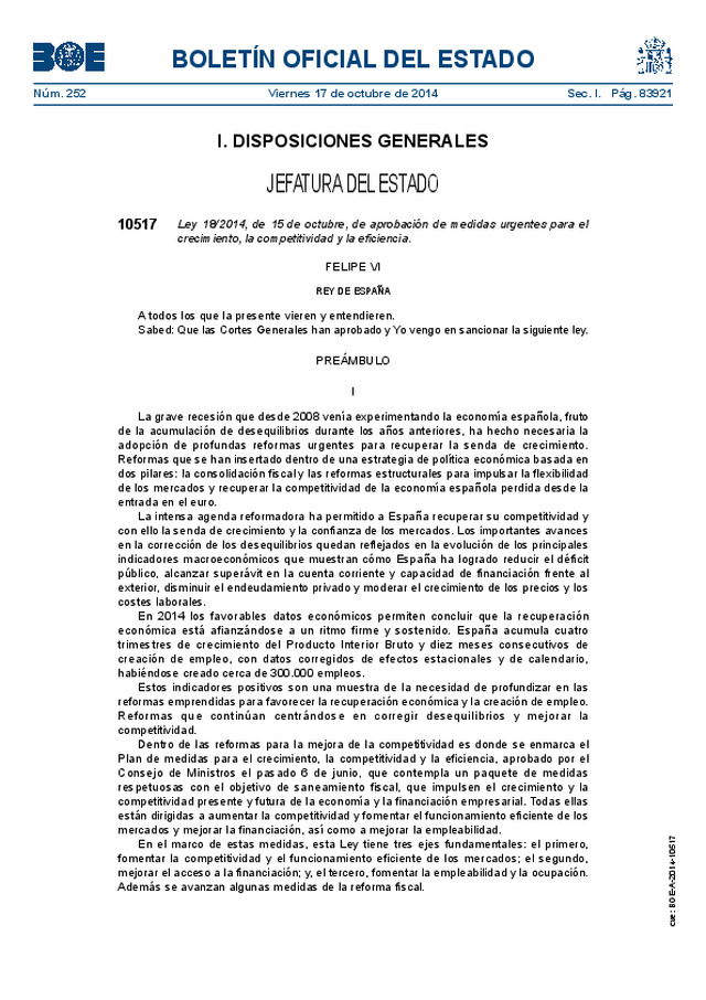 Ley 18/2014, de 15-10-2014, de aprobación de medidas urgentes para el crecimiento, la competitividad y la eficiencia.