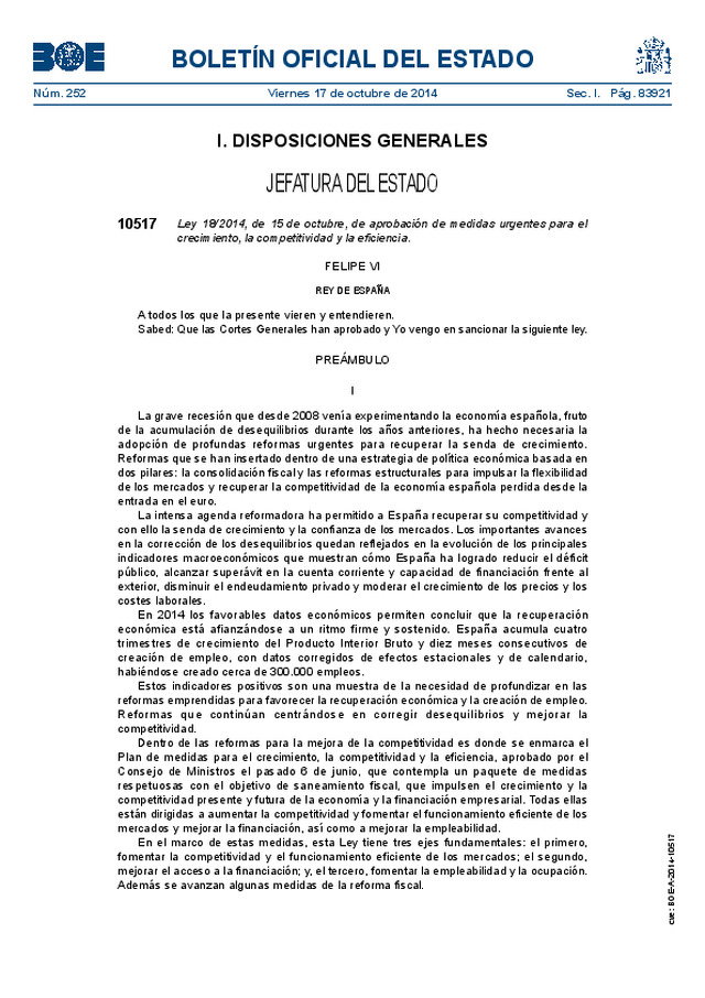 Ley 18/2014, de 15-10-2014, de aprobación de medidas urgentes para el crecimiento, la competitividad y la eficiencia.