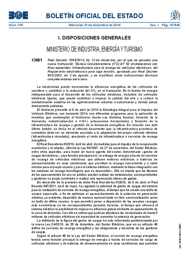 ITC BT 52 «Instalaciones con fines especiales. Infraestructura para la recarga de vehículos eléctricos»