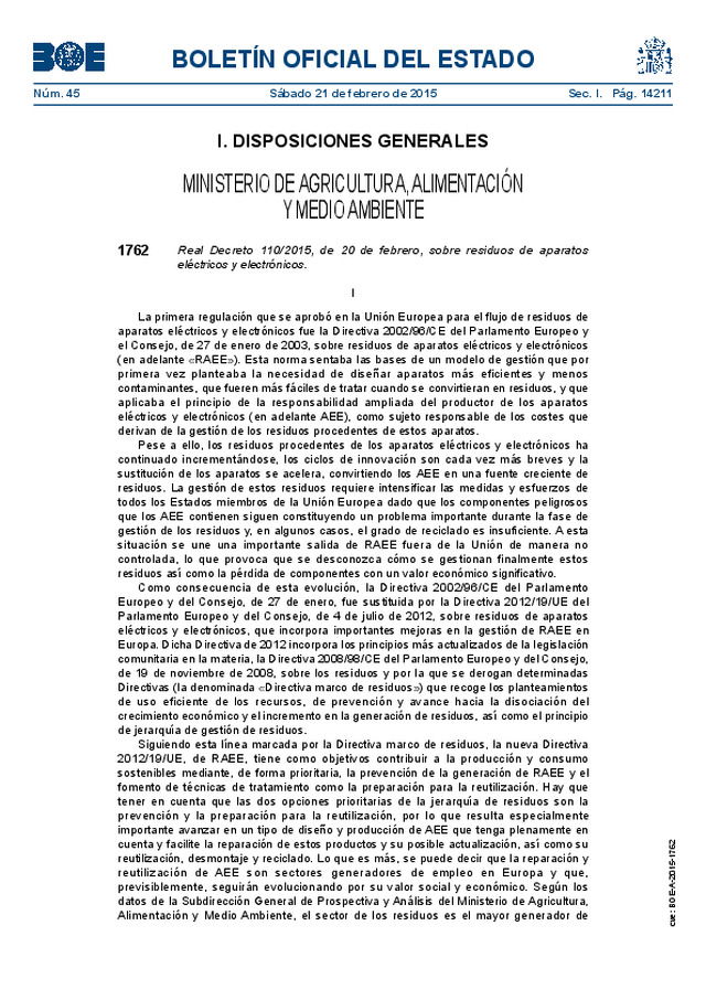 Real Decreto 110/2015, de 20 de febrero, sobre residuos de aparatos eléctricos y electrónicos