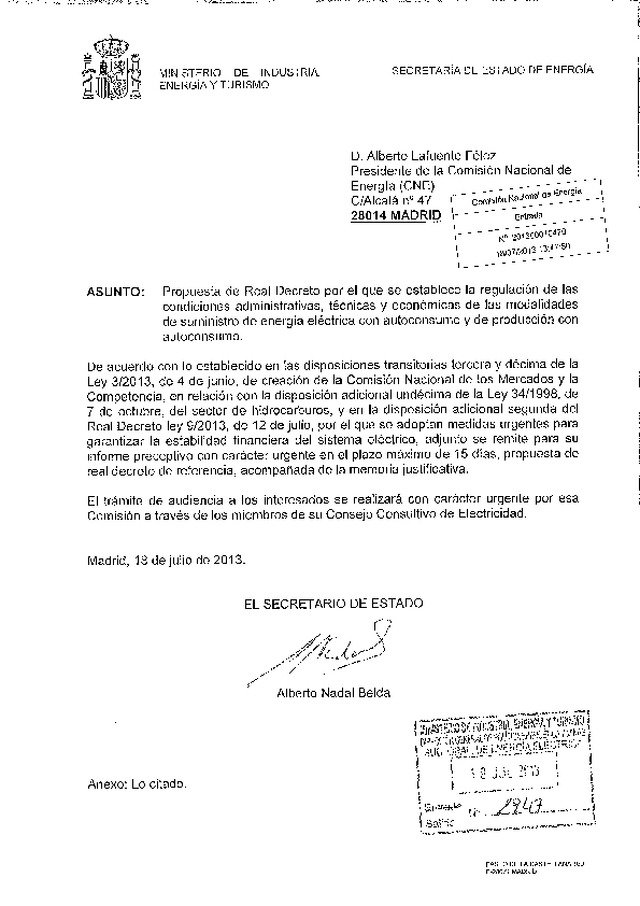 Borrador Real Decreto de regulación de Autoconsumo (18/7/2013)