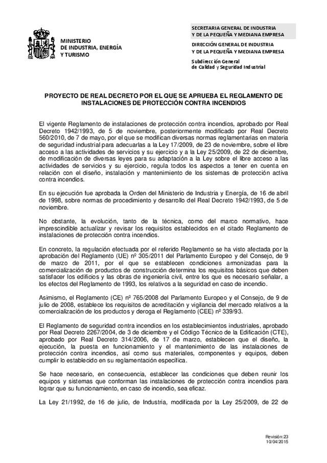 Proyecto Reglamento de Protección contra incendios RIPCI (versión 23, abril 2015)
