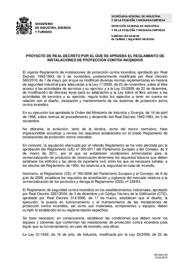 Proyecto Reglamento de Protección contra incendios RIPCI (versión 23, abril 2015)