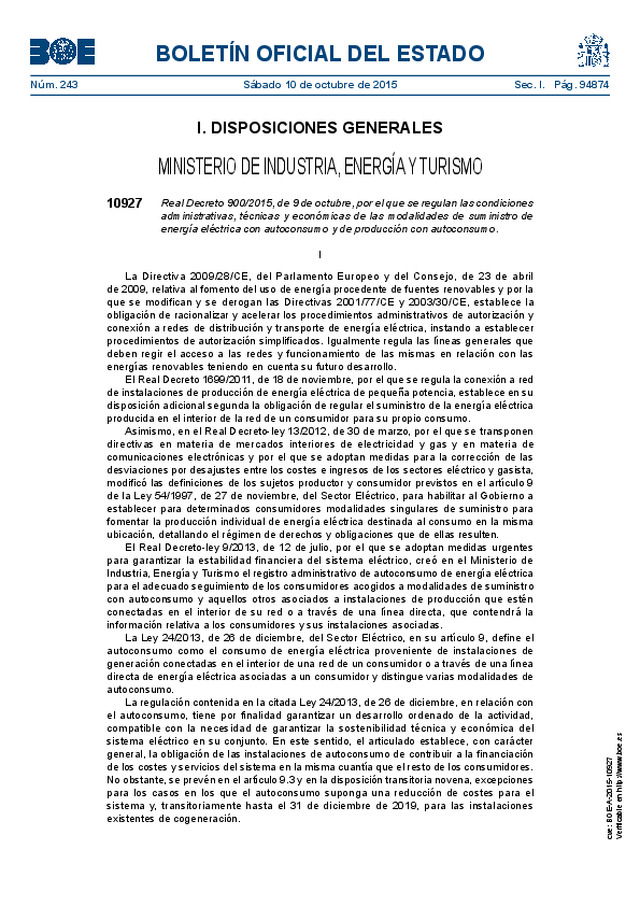Real Decreto 900/2015 | Condiciones administrativas, técnicas y económicas de las modalidades de suministro de  energía eléctrica con autoconsumo y de producción con autoconsumo