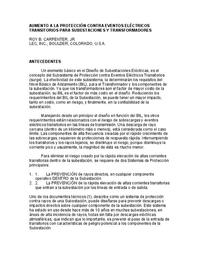 AUMENTO A LA PROTECCIÓN CONTRA EVENTOS ELÉCTRICOS TRANSITORIOS PARA SUBESTACIONES Y TRANSFORMADORES