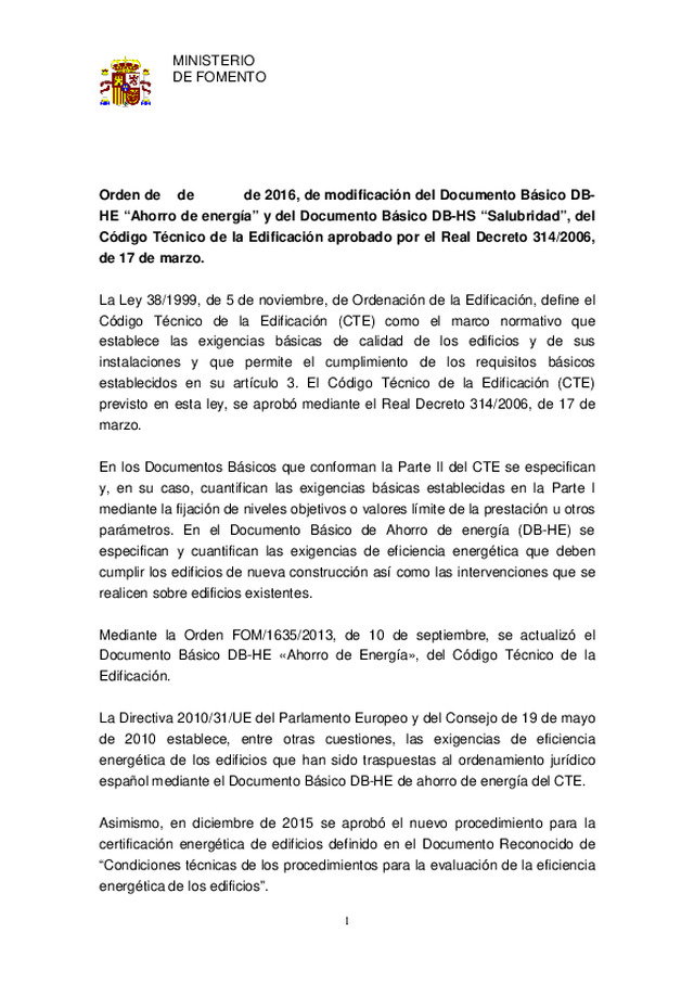 Orden de de de 2016, de modificación del Documento Básico DBHE