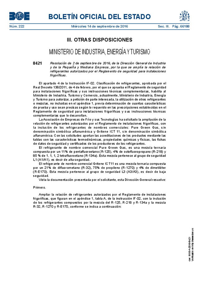 MINISTERIO DE INDUSTRIA, ENERGÍA Y TURISMO 8421 Resolución de 2 de septiembre de 2016