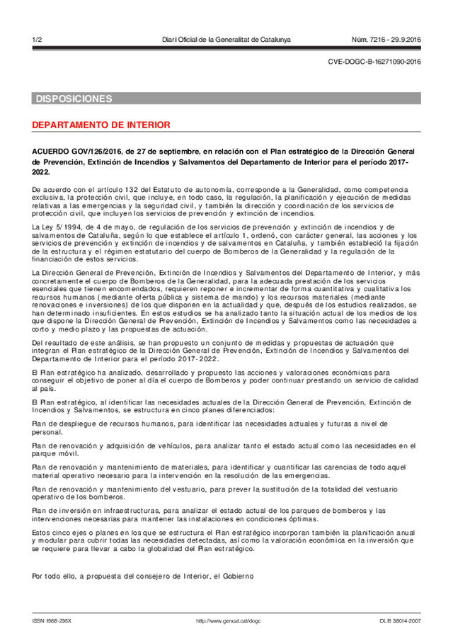 Prevención, Extinción de Incendios y Salvamentos del Departamento de Interior para el período 2017- 2022.