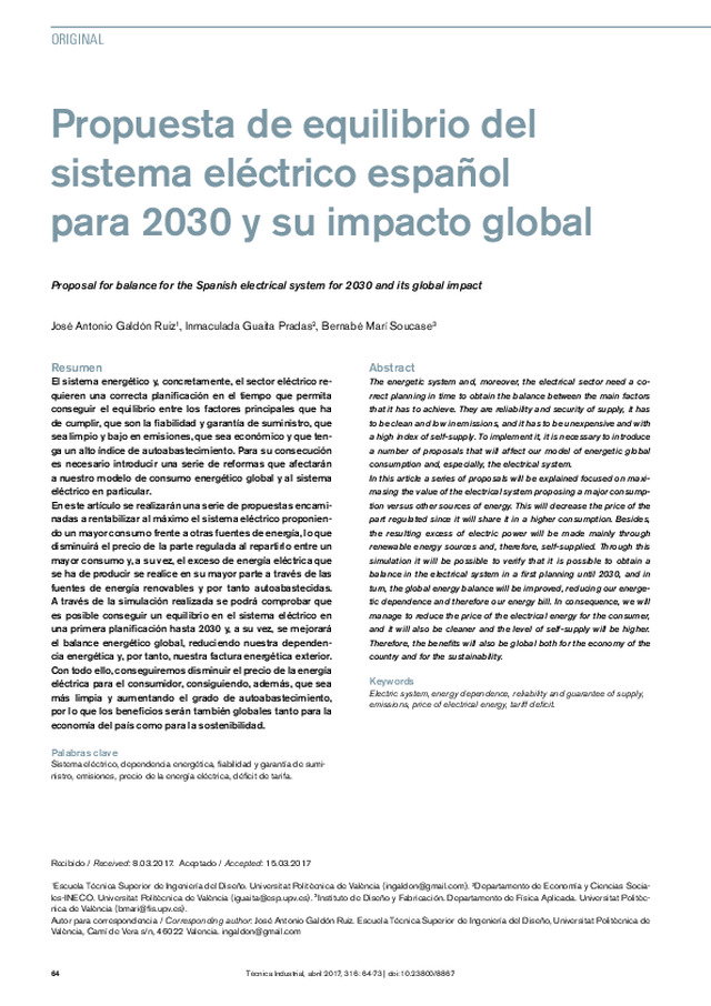 Propuesta de equilibrio del sistema eléctrico español para 2030 y su impacto global