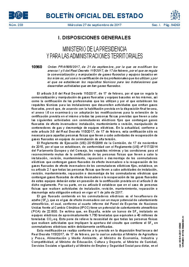I. DISPOSICIONES GENERALES MINISTERIO DE LA PRESIDENCIA Y PARA LAS ADMINISTRACIONES TERRITORIALES