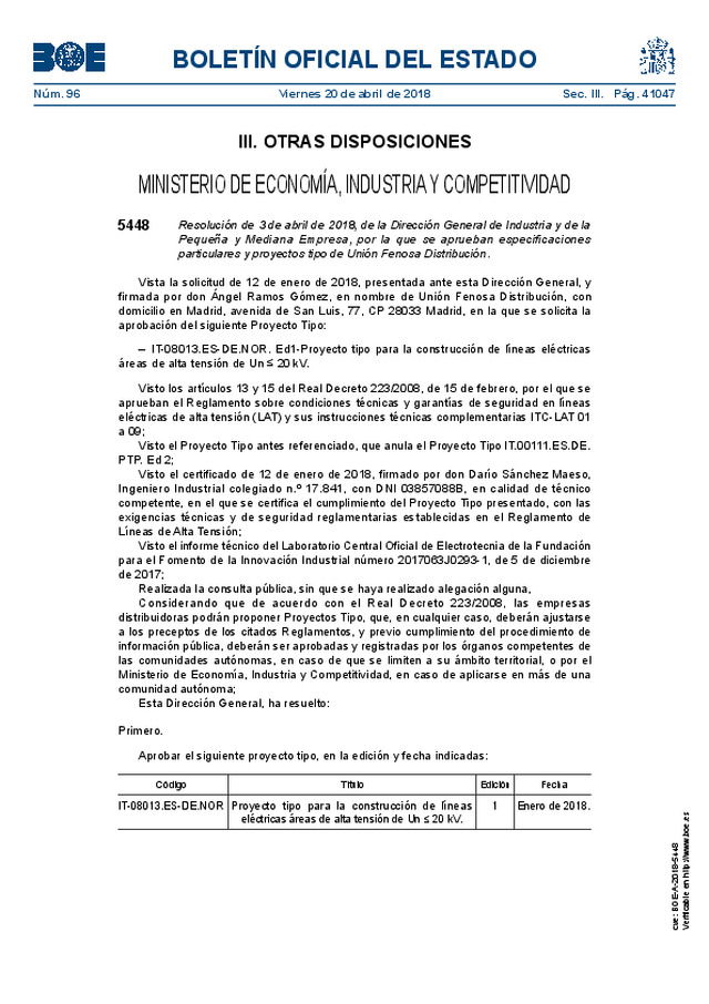 Se aprueban especificaciones particulares y proyectos tipo de Unión Fenosa Distribución