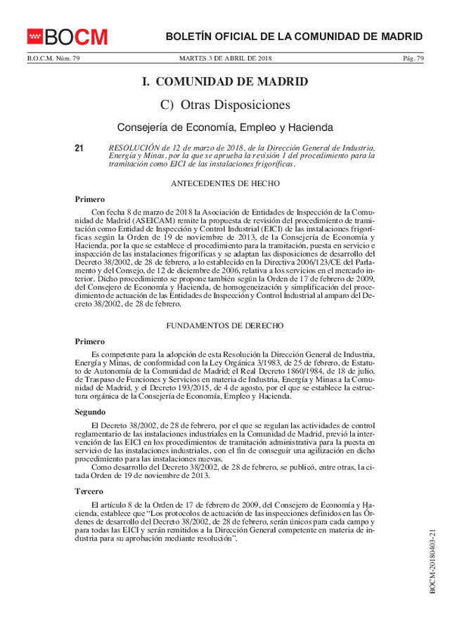 Revisión del procedimiento para la tramitación como EICI de las instalaciones frigoríficas