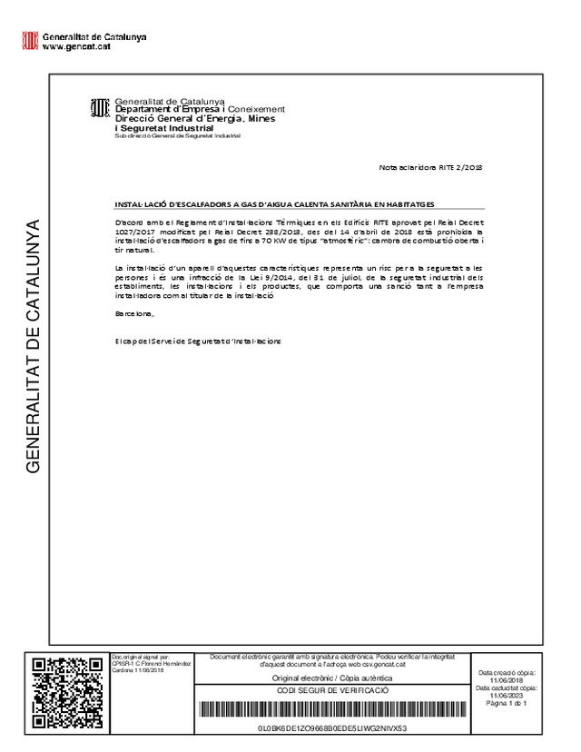 Se aprueba en Catalunya la Nota aclaratoria RITE 2/2018