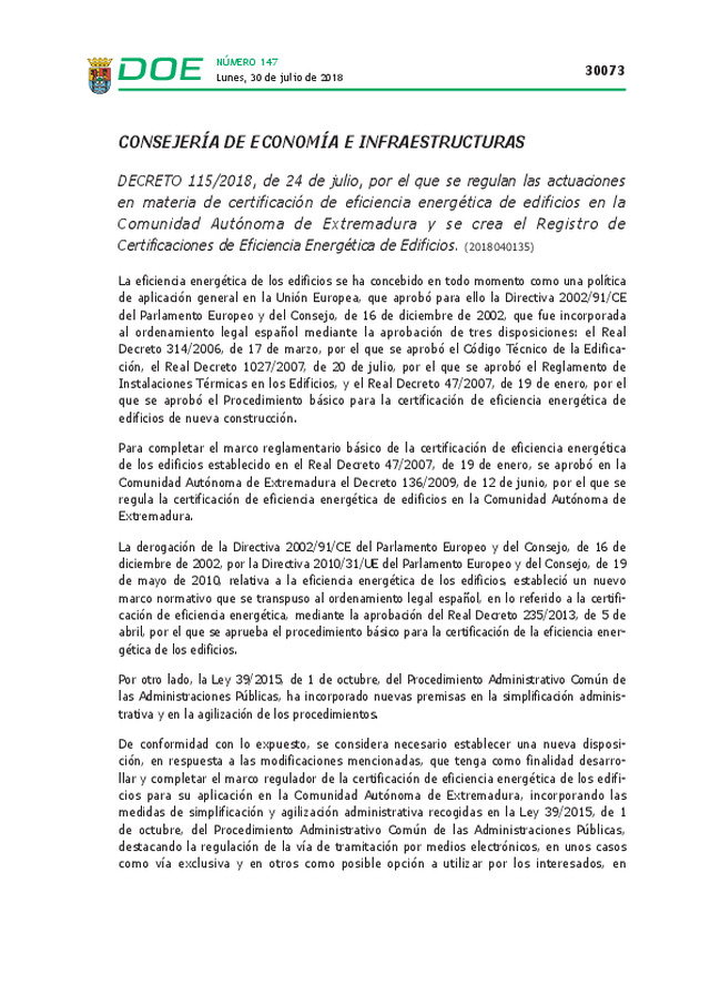Novedades normativa en Eficiencia energética - Julio 2018 - Extremadura