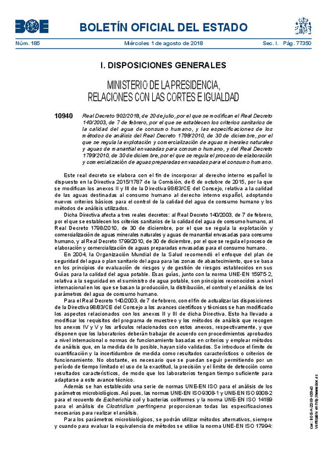 Real Decreto 902/2018: Cambios en los criterios básicos para el control de calidad del agua y los métodos de análisis utilizados.