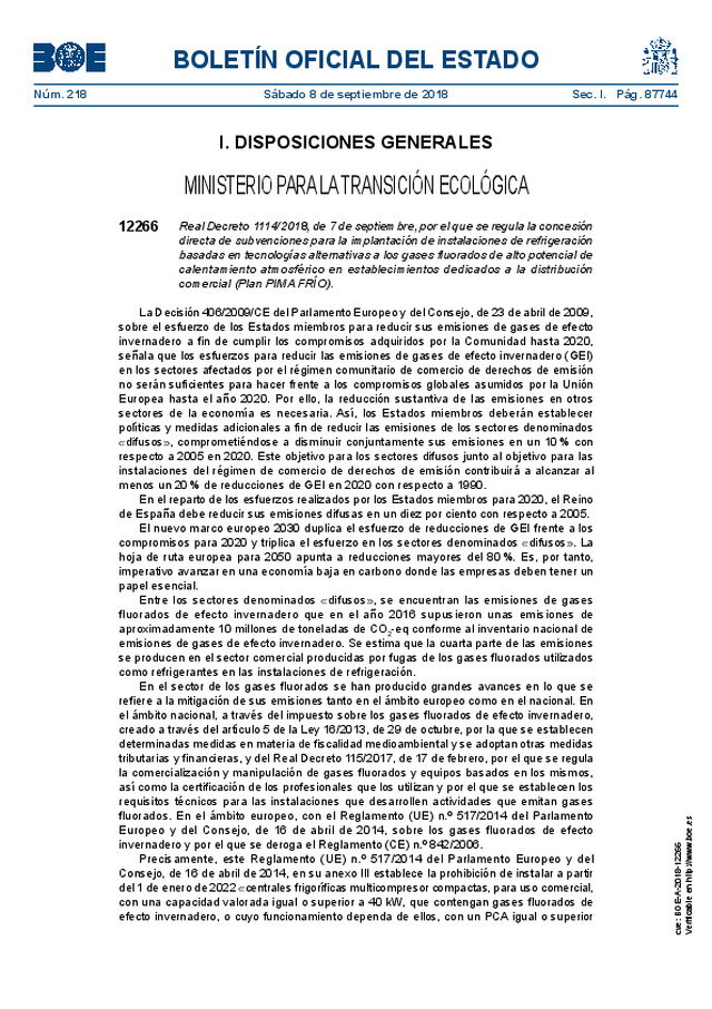 Real Decreto 1114/2018: Concesión de subvenciones para la implantación de instalaciones de refrigeración basadas en tecnologías alternativas a los gases fluorados