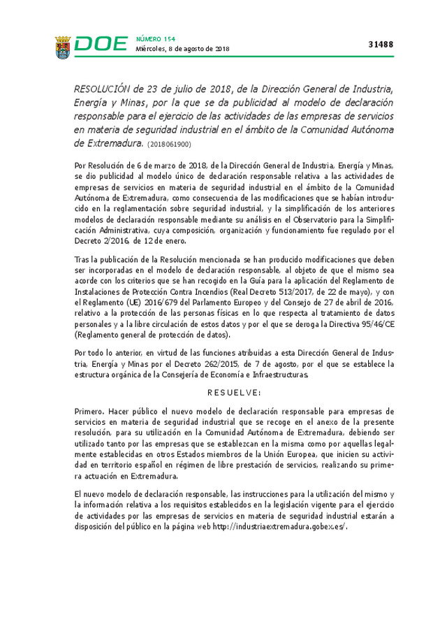 Modelo de declaración responsable para el ejercicio de las actividades de las empresas de servicios en materia de seguridad industrial