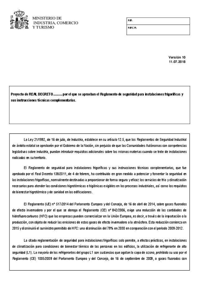 Proyecto de REAL DECRETO……… por el que se aprueban el Reglamento de seguridad para instalaciones frigoríficas y sus instrucciones técnicas complementarias.