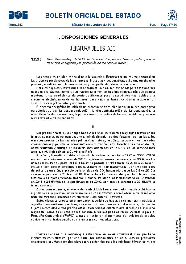 Se publica el Real Decreto-ley 15/2018,  que establece medidas urgentes para la transición energética y la protección de los consumidores.