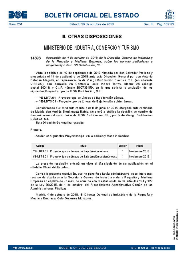 Se anulan proyectos tipo de líneas de baja tensión de la empresa E.ON Distribución, S.L..