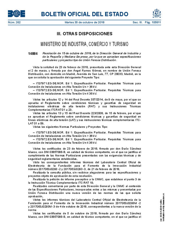 Se aprueban especificaciones particulares y proyectos tipo de la empresa Unión Fenosa Distribución
