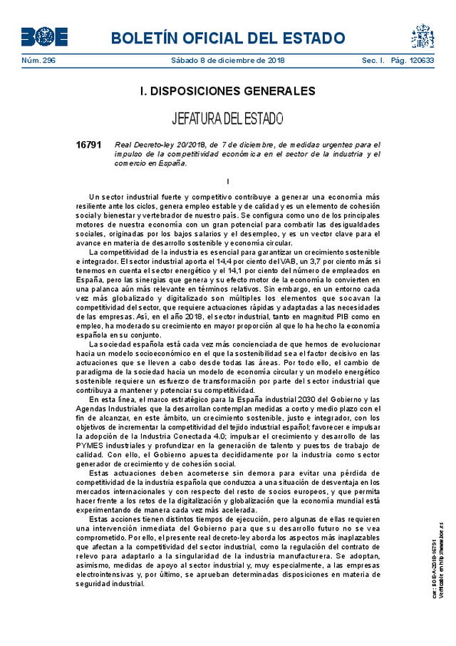 Se publican medidas urgentes para el impulso de la competitividad económica en el sector de la industria en España.