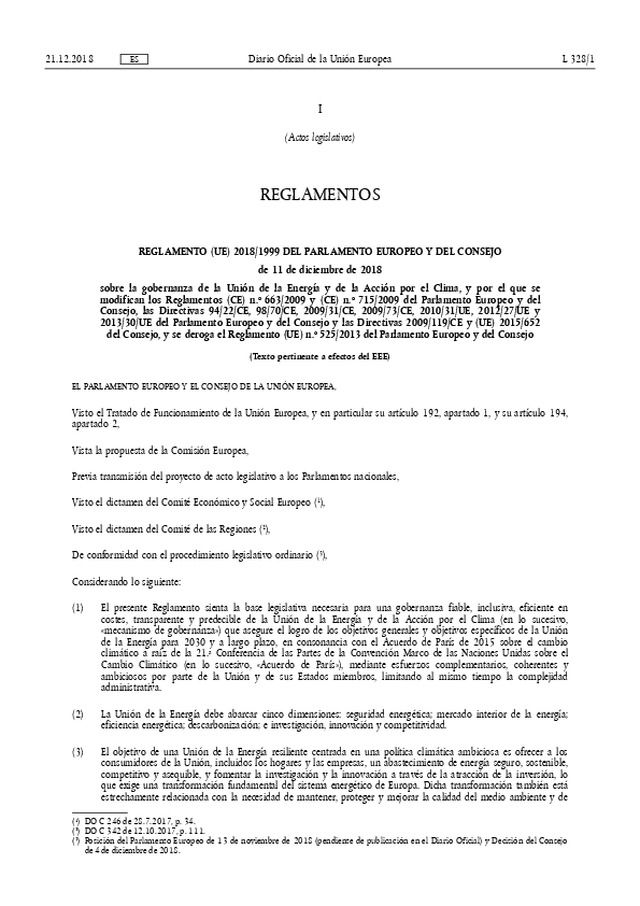 Se aprueba el Reglamento UE 2018/1998 sobre la gobernanza de la Unión de la Energía y de la Acción por el Clima