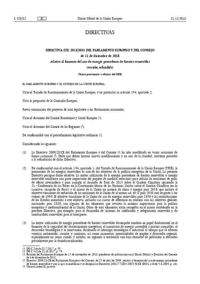Se aprueba la Directiva UE 2018/2001 para el fomento del uso de energía procedente de fuentes renovables.