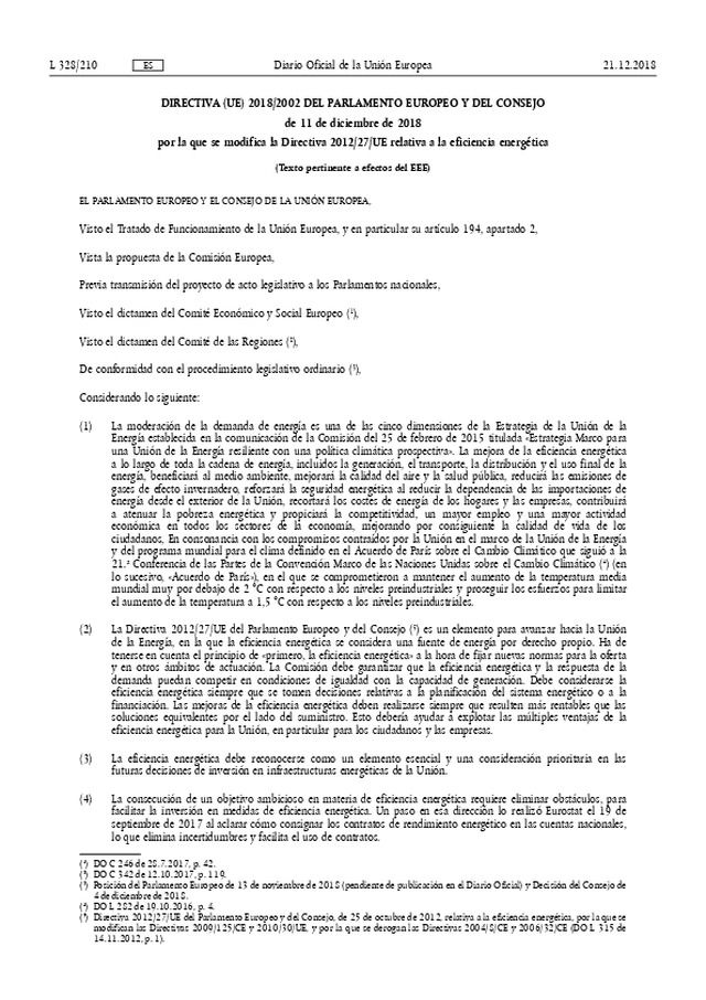 Se modifican diversos varios apartados de la Directiva 2012/27/UE relativa a la eficiencia energética.